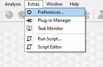 Extras dropdown listing Preferences..., Plug-in Manager, Task Monitor, Run Script..., Script Editor