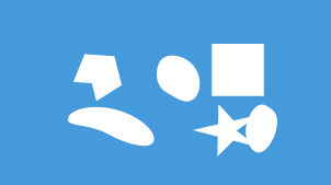 Six white shapes on blue background: irregular polygon, oval, square, elongated blob, star overlapping an oval