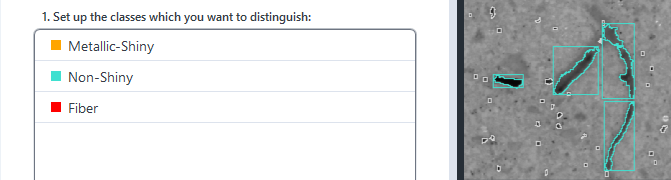 Legend showing classes Metallic-Shiny, Non-Shiny, Fiber with colored squares beside a microscopy image with cyan outlines