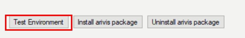 Buttons row with Test Environment (highlighted), Install arivis package, and Uninstall arivis package