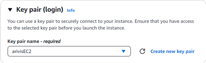 Key pair (login) panel showing Key pair name set to arivisEC2 and Create new key pair link