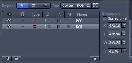 Regions panel showing 'Find' tab, 'Center' and 'ROI/POI' buttons, list entries 'POI' and 'ROI', Dimension X 472.13 Y 426.90