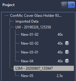 Project tree showing 'CorrMic Cover Glass Holder 93...' with nodes LM - 20190326_125358 and LSM - 20200807_135947