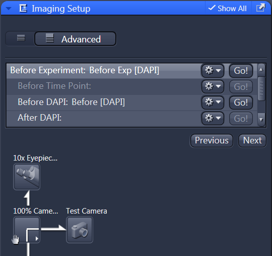 Imaging Setup Advanced tab showing entries Before Experiment [DAPI], Before DAPI, After DAPI and camera icons Test Camera
