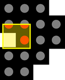Black panel with grid of gray circles; highlighted yellow square containing a small orange circle and yellow inset square.