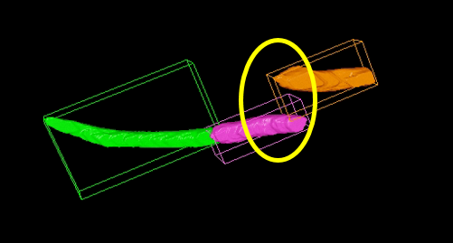 Solid colored 3D segments (green, magenta, orange) connecting three blocks with a yellow circled contact on black