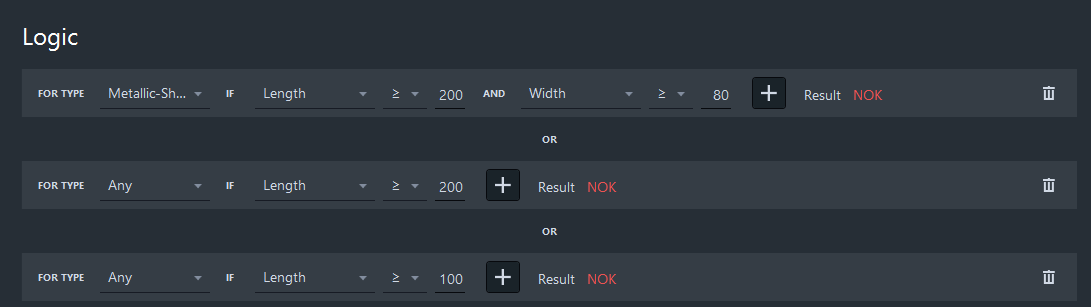Logic panel showing three rules: 'FOR TYPE Metallic-Sh... IF Length ≥ 200 AND Width ≥ 80 Result NOK'; plus 'FOR TYPE Any' Length ≥200 and Length ≥100 rules