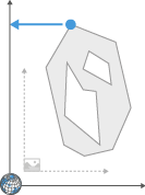 Gray irregular polygon with two interior cutouts and a blue marker at top with leftward double arrow.