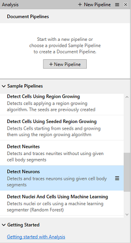 Analysis panel sidebar showing Document Pipelines and Sample Pipelines list with Detect Neurons highlighted