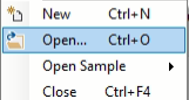 File menu with 'Open... Ctrl+O' highlighted and items New Ctrl+N, Open Sample, Close Ctrl+F4