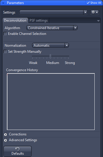 Parameters Deconvolution tab: Algorithm Constrained Iterative, Normalization Automatic, Convergence History box