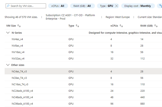 Azure VM sizes list filtered to GPU showing NV4as_v4, NV8as_v4, NV16as_v4, NV32as_v4 and NC4as_T4_v3 (4 vCPUs, 28 GiB)