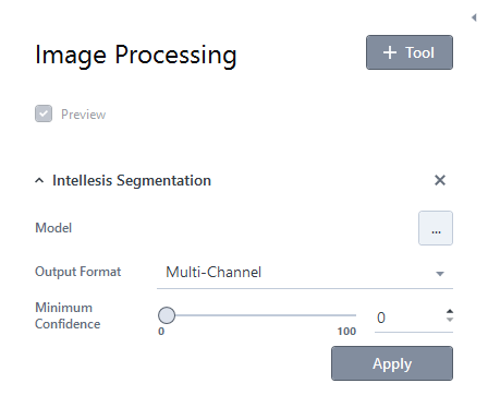 Image Processing panel: Intellesis Segmentation, Model, Output Format Multi-Channel, Minimum Confidence slider, Apply