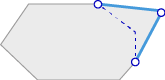 Gray octagon left connected by a dashed blue polyline to a blue triangular node shape with three circular node handles