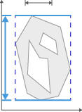 Gray irregular polygon in dashed blue bounding box with vertical double-arrow for height and top horizontal arrow