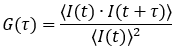 Formula G(τ) = ⟨I(t)·I(t+τ)⟩ / ⟨I(t)⟩^2