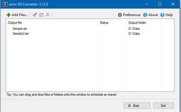 arivis SIS Converter 2.12.5 listing Sample.sis, Sample2.sis, Output folder D:\Data, Start and Exit buttons