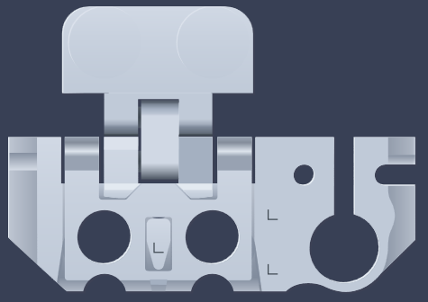 Hinged metal assembly with two circular openings, rectangular tabs and an L marking