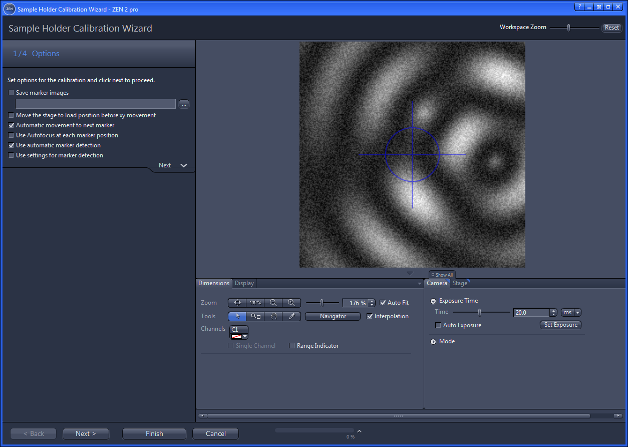 Sample Holder Calibration Wizard showing 1/4 Options and a grayscale concentric ring image with blue crosshair.