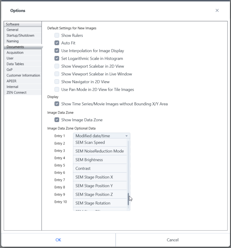 Options dialog, Documents tab, Image Data Zone settings with 'Modified date/time' and listed SEM fields