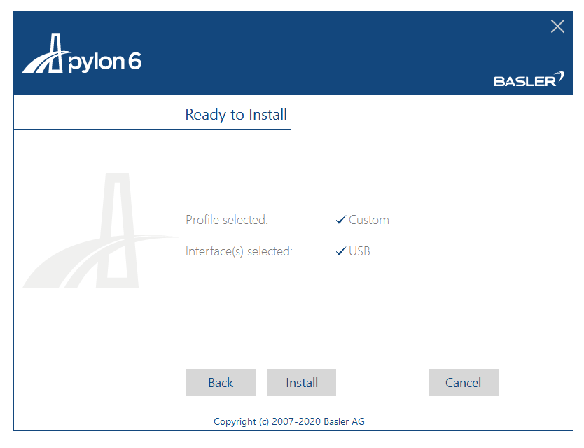 pylon6 Ready to Install dialog showing Profile selected: Custom and Interface(s) selected: USB with Back Install Cancel buttons