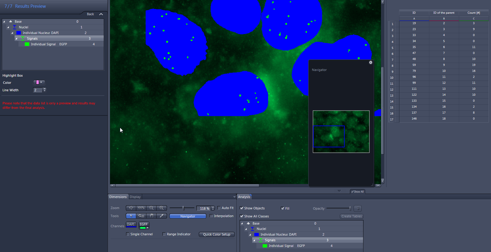 Microscopy GUI showing blue nuclei and numerous green EGFP signal dots, left analysis tree and navigator thumbnail visible