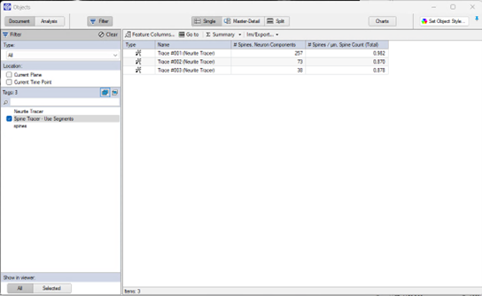 Software Objects dialog with a left Filter pane and a right table listing Trace #001 (257), Trace #002 (73), Trace #003 (38).