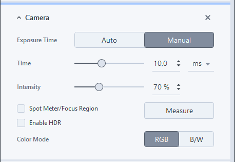 Expanded Camera panel: Exposure Time Manual, Time 10.0 ms, Intensity 70%, Spot Meter/Focus Region, Enable HDR, RGB mode