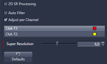 Direct Processing channel settings with Adjust per Channel checked, channels ChA-T1 (red) and ChA-T2 (yellow), Super Resolution 6,0