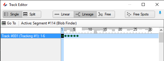Track Editor showing Go To Active: Segment #114 (Blob Finder) and left entry Track #001: 1-6 with green timeline dots