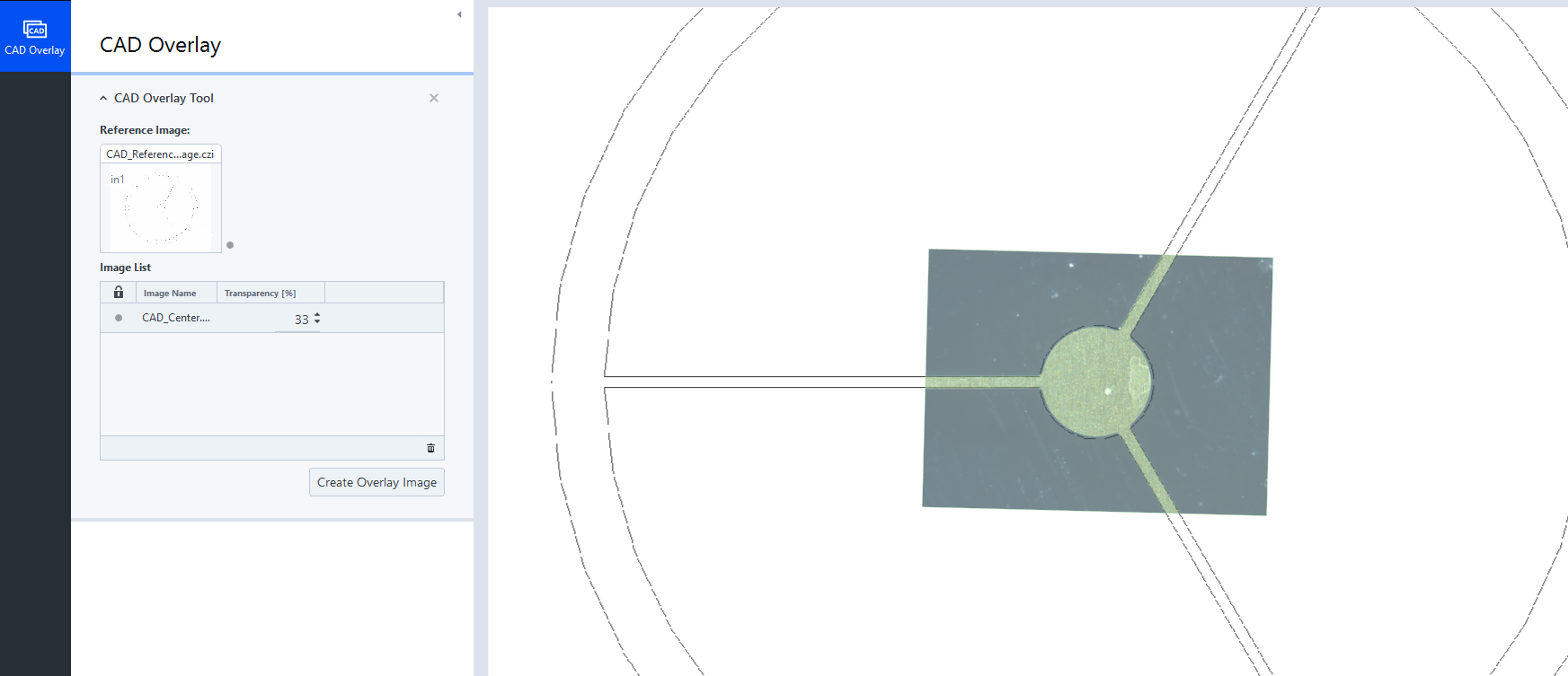 CAD Overlay interface showing a CAD circle with three radial traces and a rotated overlay image on a square patch, 33%
