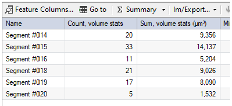 Data table listing Segment #014–#020 with counts 20,33,11,21,17,5 and sum volume stats like 9,356;14,137;5,204