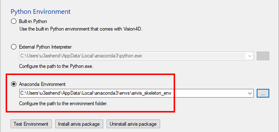 Python Environment dialog showing Anaconda Environment selected and environment folder arivis_skeleton_env