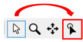 Toolbar with white arrow, magnifier, move arrows, and black pointer highlighted; red curved arrow points from white arrow to black pointer