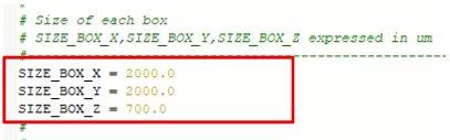 Code snippet showing SIZE_BOX_X = 2000.0, SIZE_BOX_Y = 2000.0, SIZE_BOX_Z = 700.0