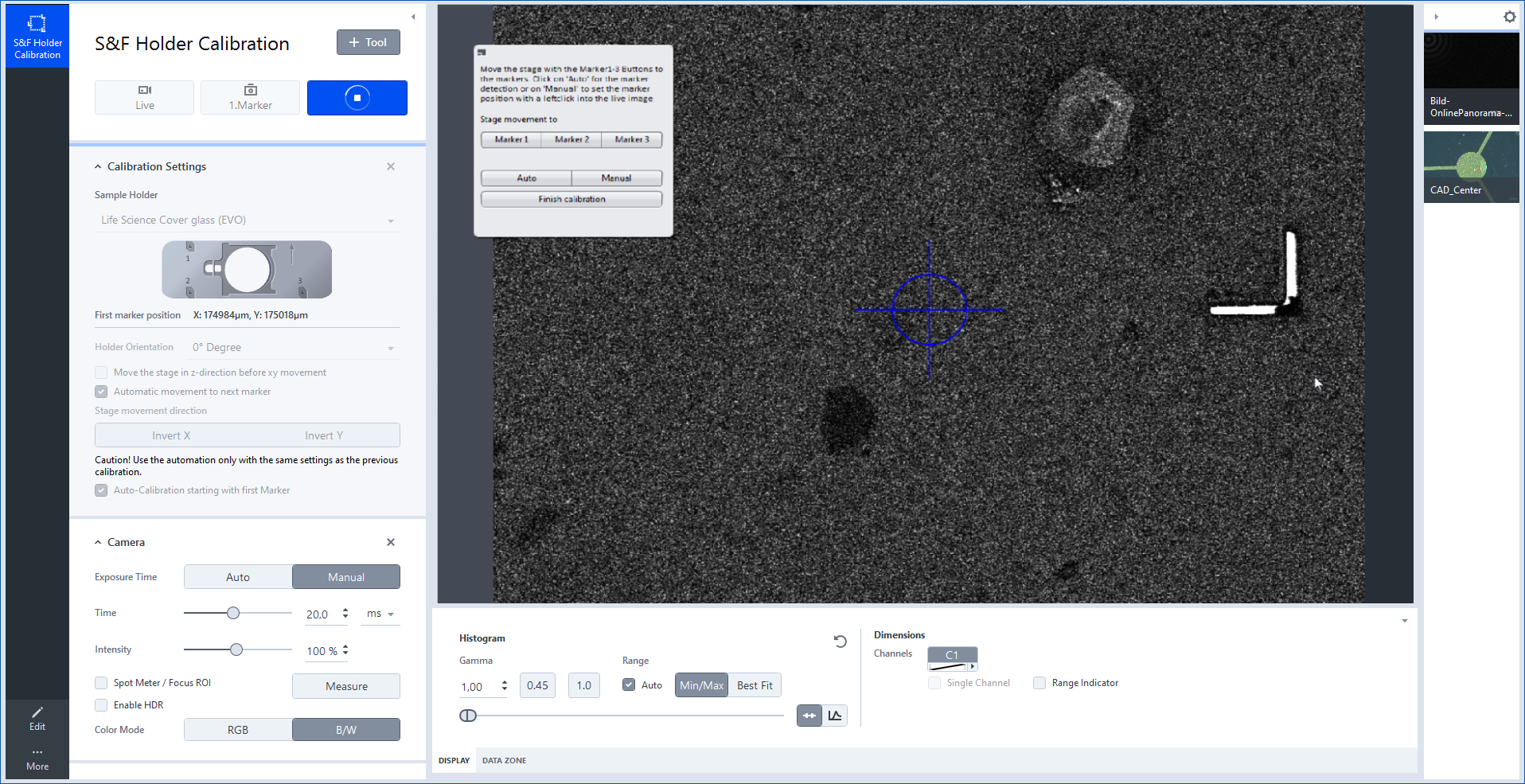 S&F Holder Calibration live image with blue target crosshair over textured sample and white L-shaped marker at right