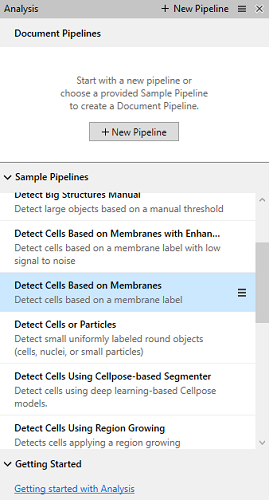 Pane titled 'Document Pipelines' with '+ New Pipeline' button and 'Detect Cells Based on Membranes' in Sample Pipelines selected