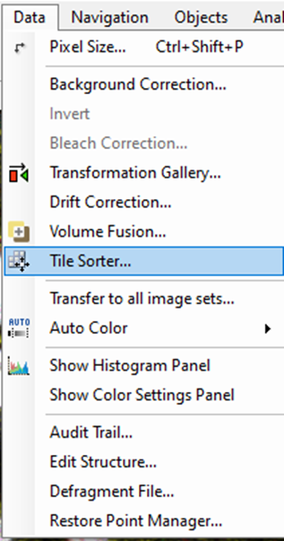 Data menu list with 'Tile Sorter...' highlighted and options like Pixel Size... and Background Correction...