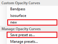 Custom Opacity Curves menu showing new entry and Save preset as... option highlighted