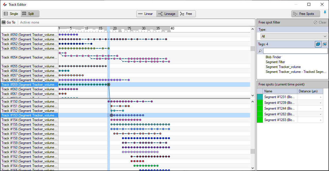 Track Editor window showing timeline rows for Track #050–#064 with colored segment dots and a Free spots list.