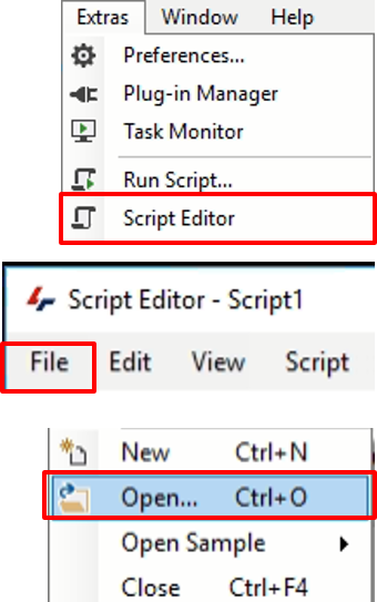 Menu screenshot with 'Script Editor' highlighted, title 'Script Editor - Script1', and File menu showing 'Open... Ctrl+O'