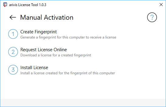 Manual Activation pane showing steps 1 Create Fingerprint, 2 Request License Online, 3 Install License with back arrow