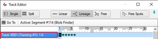 Track Editor screenshot with left entry Track #001: 1-6 highlighted with red outline and green timeline dots