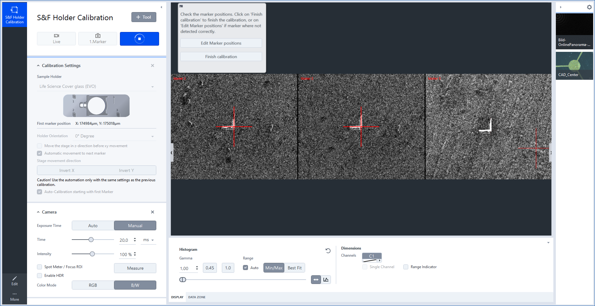 S&F Holder Calibration interface with three live marker preview images showing red crosshairs and left settings panel