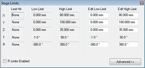 Stage Limits dialog showing axes X Y Z T R and limits: X 0–80 mm, Y 0–100 mm, Z 0–35 mm, T -1°–90°, R -380°–380°.