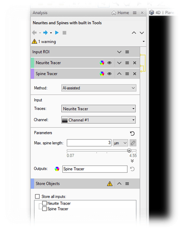 Analysis panel showing Neurites and Spines tools: Neurite Tracer, Spine Tracer; Method AI-assisted; Max spine length 3 µm