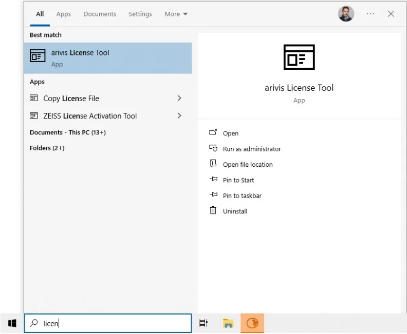 Windows search for arivis License Tool; Explorer shows arivisLicensing.exe in Program Files; License window with Install Driver