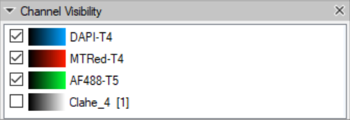 Channel Visibility panel listing checked DAPI-T4, MTRed-T4, AF488-T5 and unchecked Clahe_4 [1]