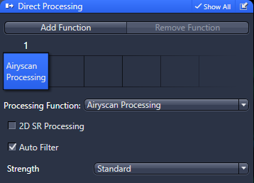 Direct Processing panel with Airyscan Processing selected, Processing Function set to Airyscan Processing, Auto Filter checked