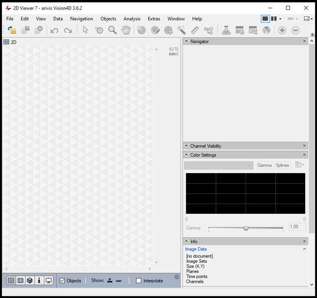 Arivis Vision4D 3.6.2 2D Viewer window showing Navigator, Color Settings, Info panel and empty image area